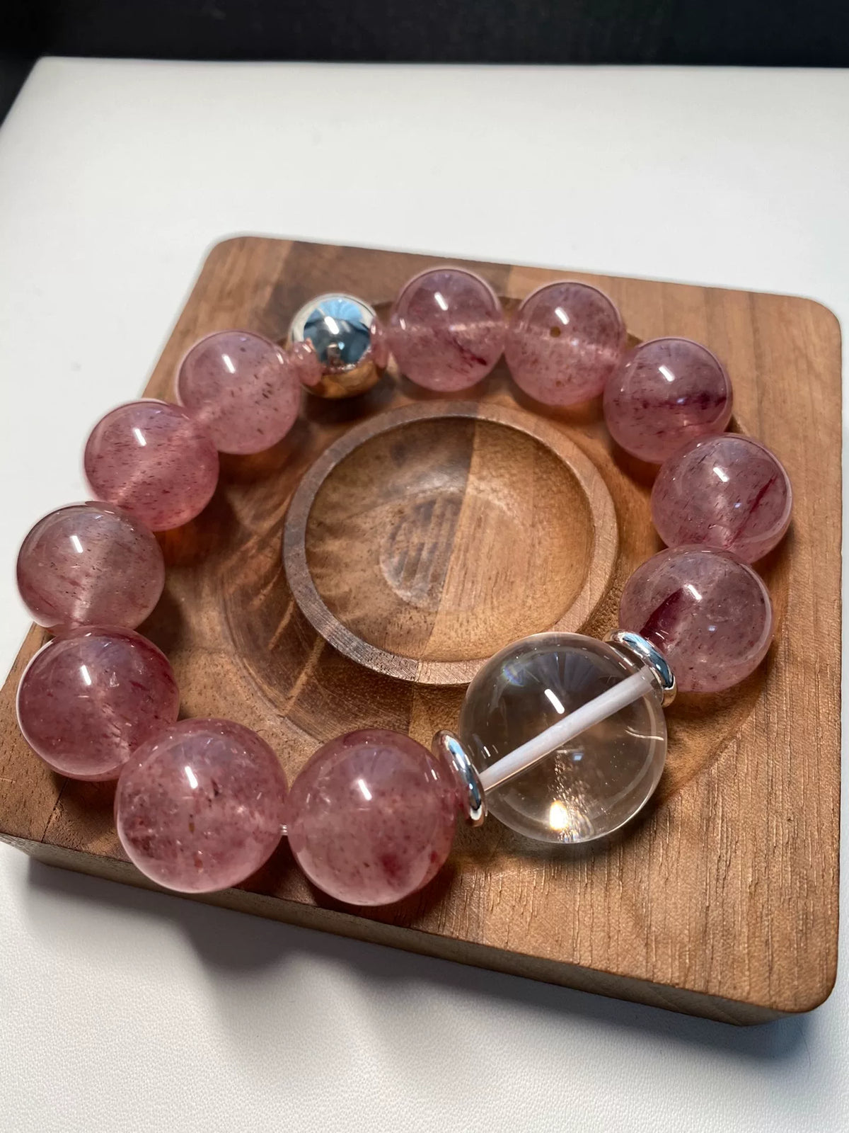 Pulseira de Cristal Quartzo-Morango Contas 16mm