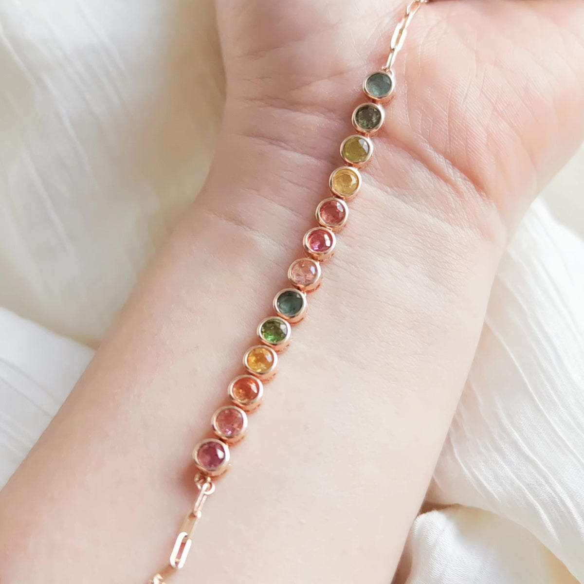 Multicolor Tourmaline Bracelet Rose Silver 19 cm