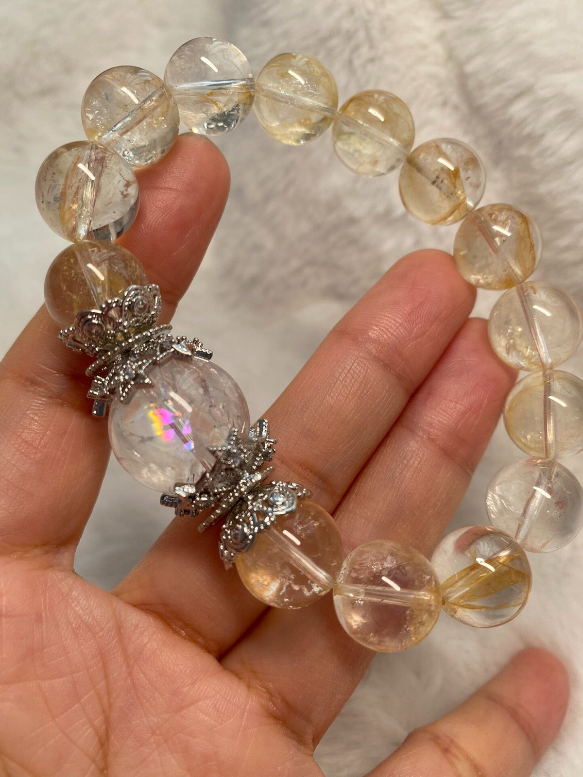 Crystal Quartz Beaded Bracelet with Rainbow Center