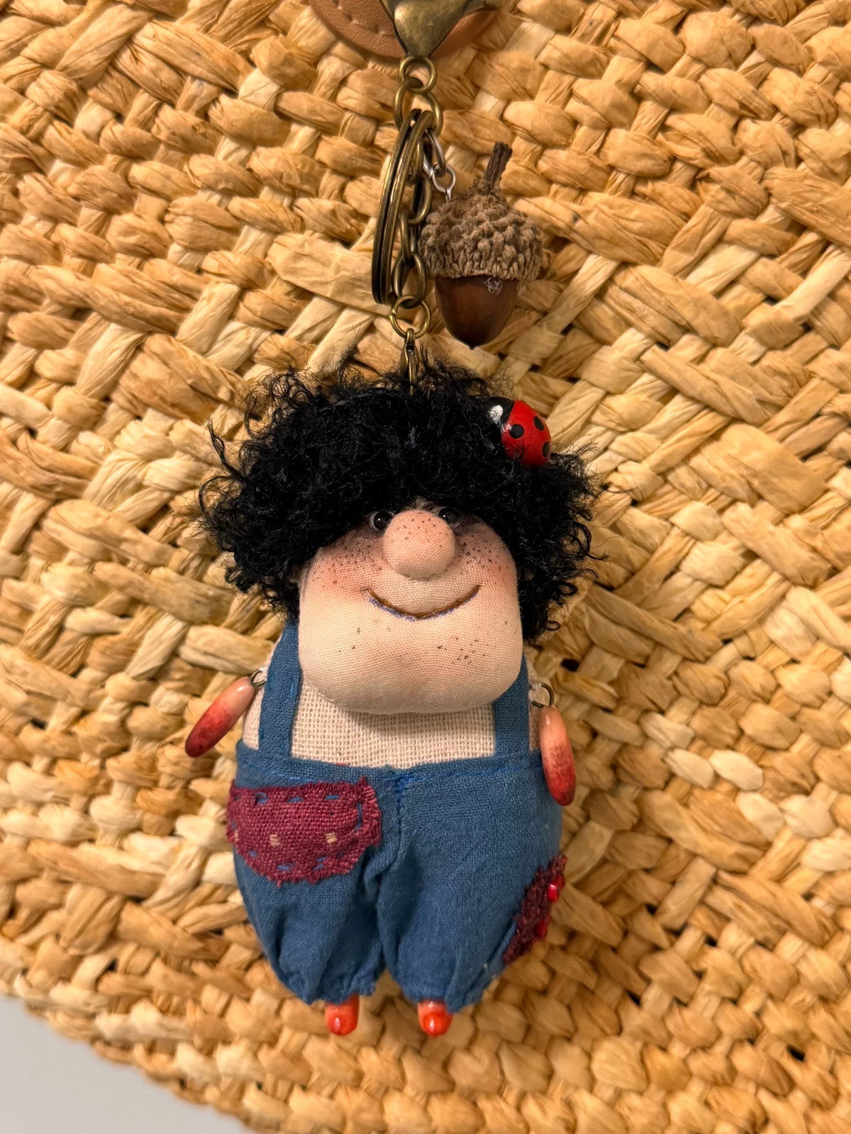 Handmade Fabric Doll Keychain with Black Curly Yarn