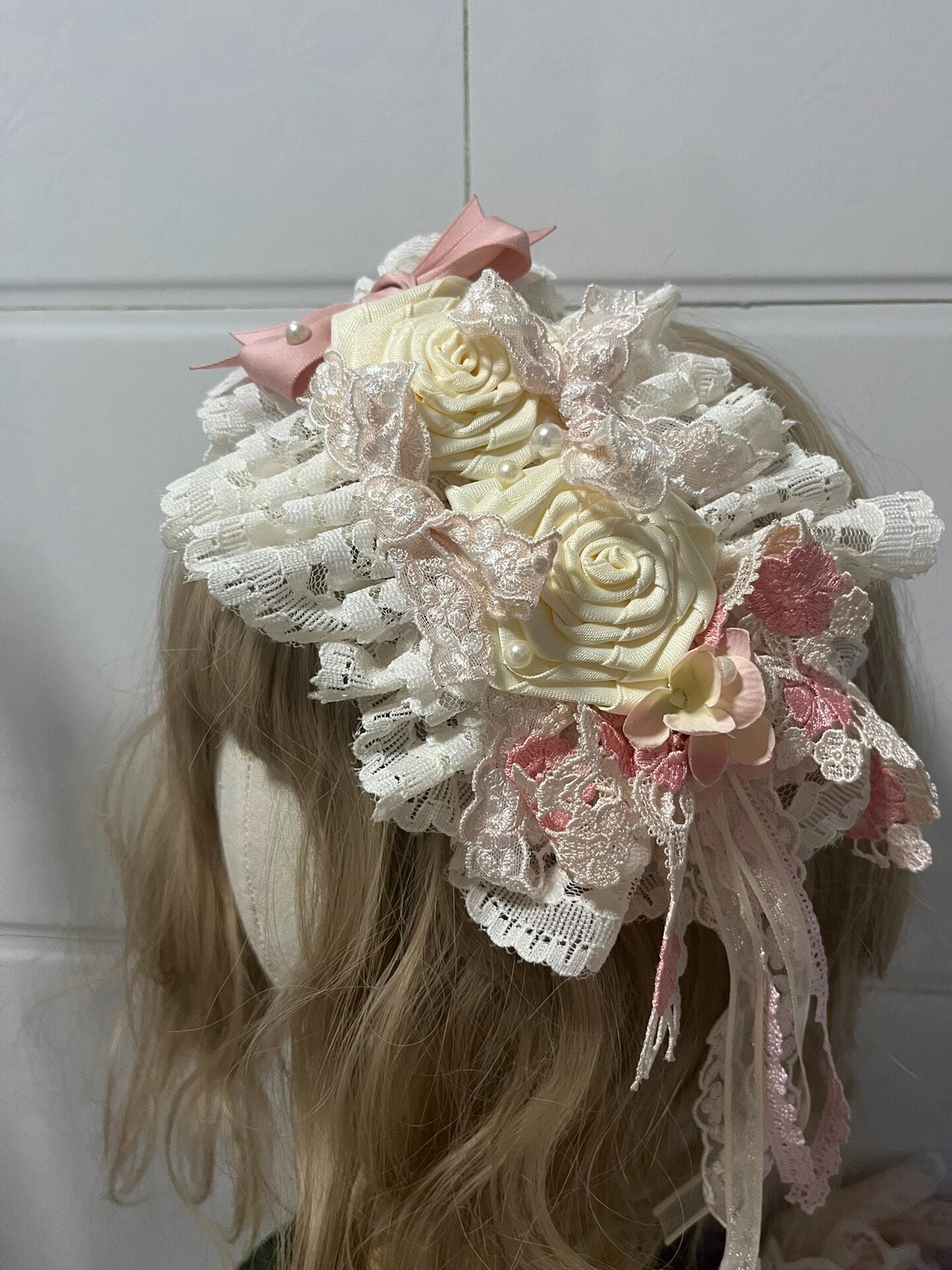 Lolita Handmade Lace Flower Headpiece with Pink Roses and Pearl Accents
