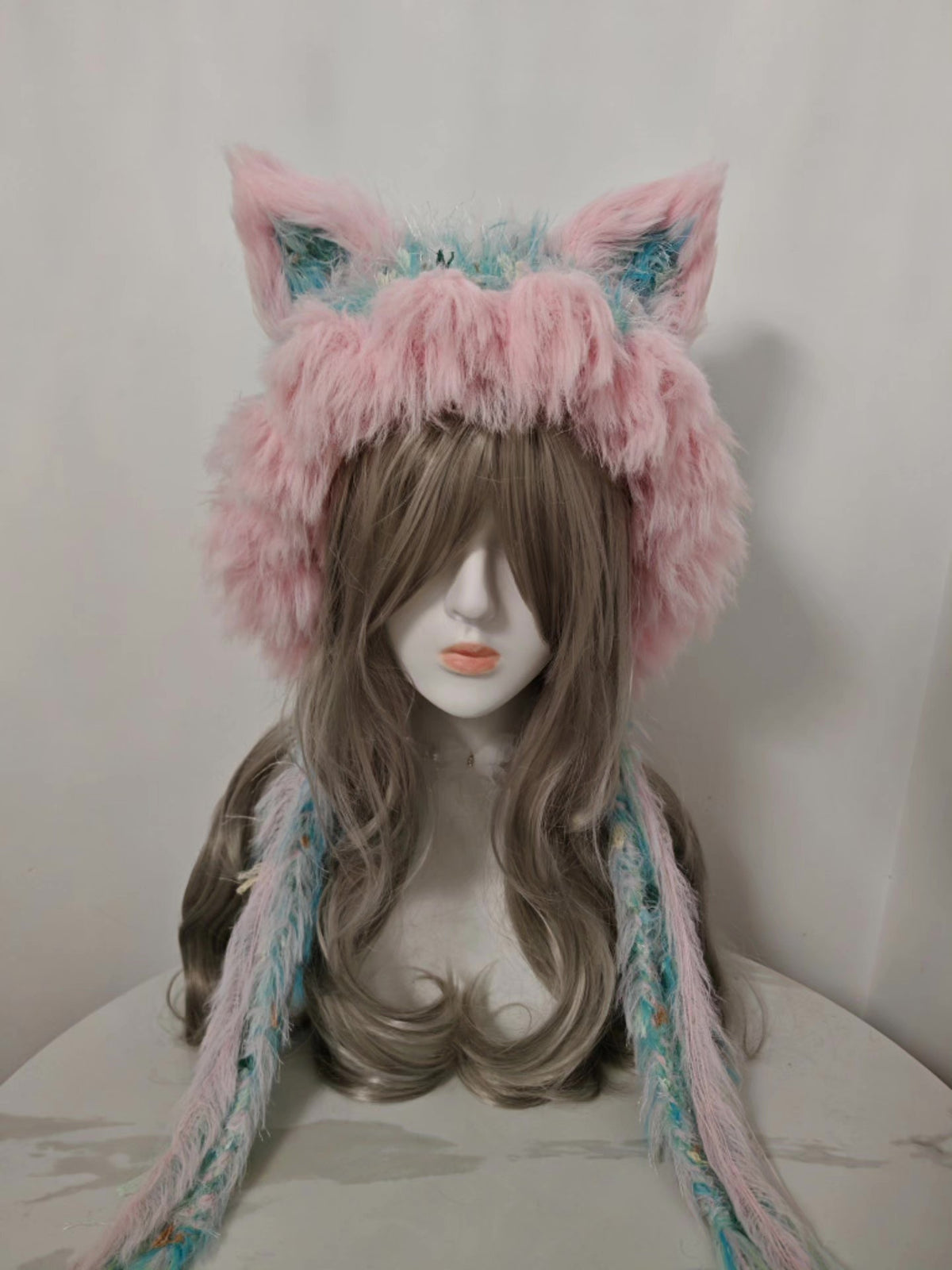 Pink Blue Fox Hat with Braided Tassels