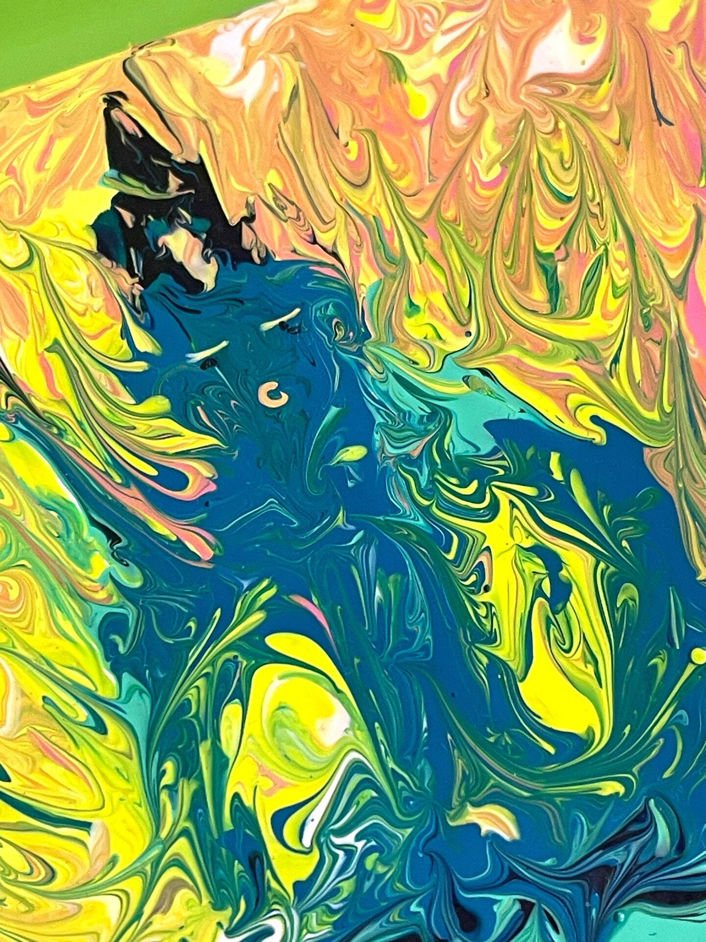 Acrylic Painting of Central Blue Figure in Green Frame