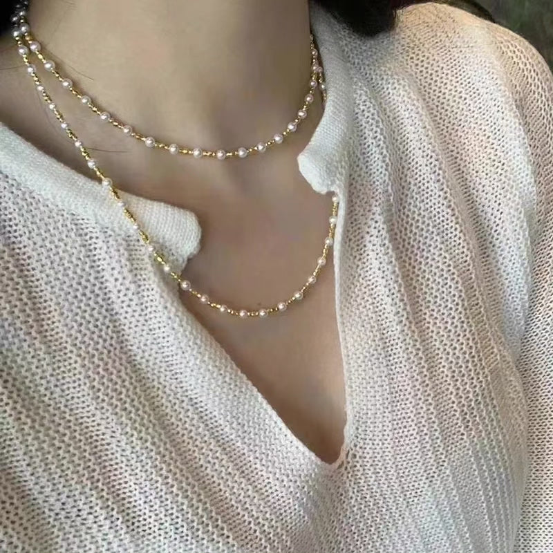 Natural Freshwater Pearl Gold Bead Long Necklace