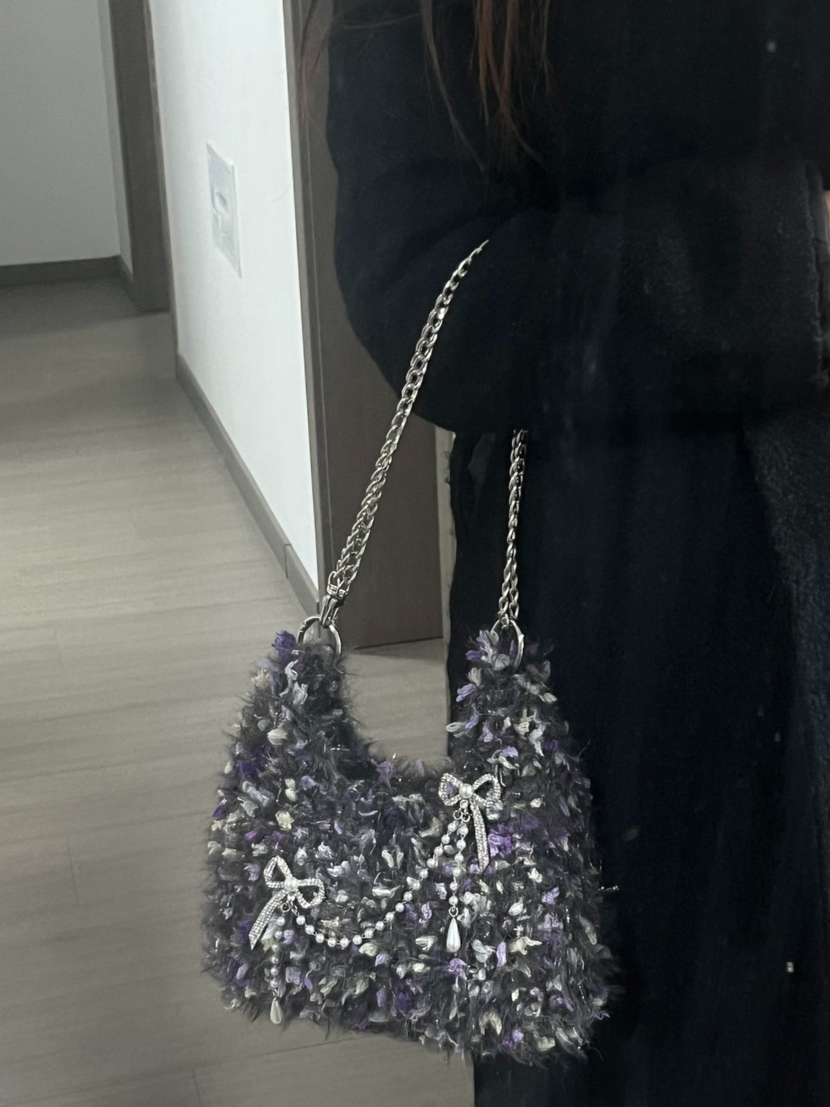 Croissant Shaggy Handbag with Silver Chain Strap