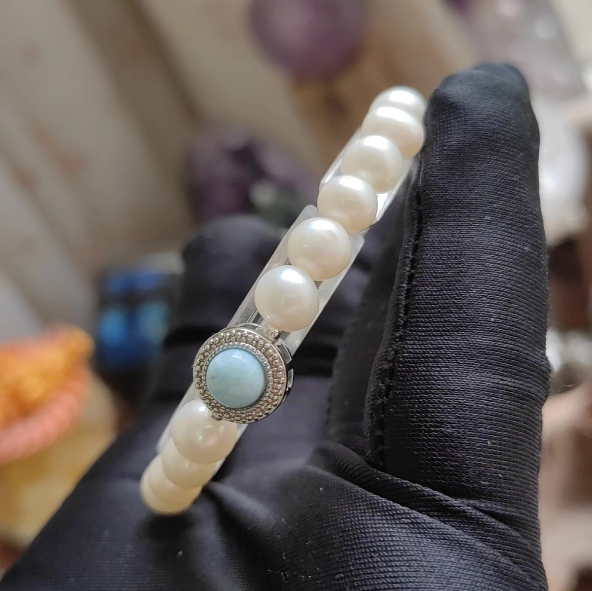 Bracciale in Larimar con perle d'acqua dolce da 7mm