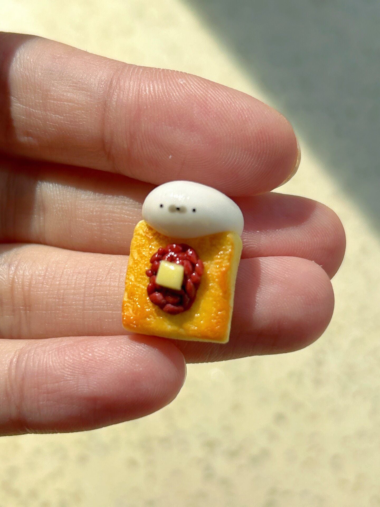 Red Bean Paste Bread Slice Miniature Figurine with Cream Topping