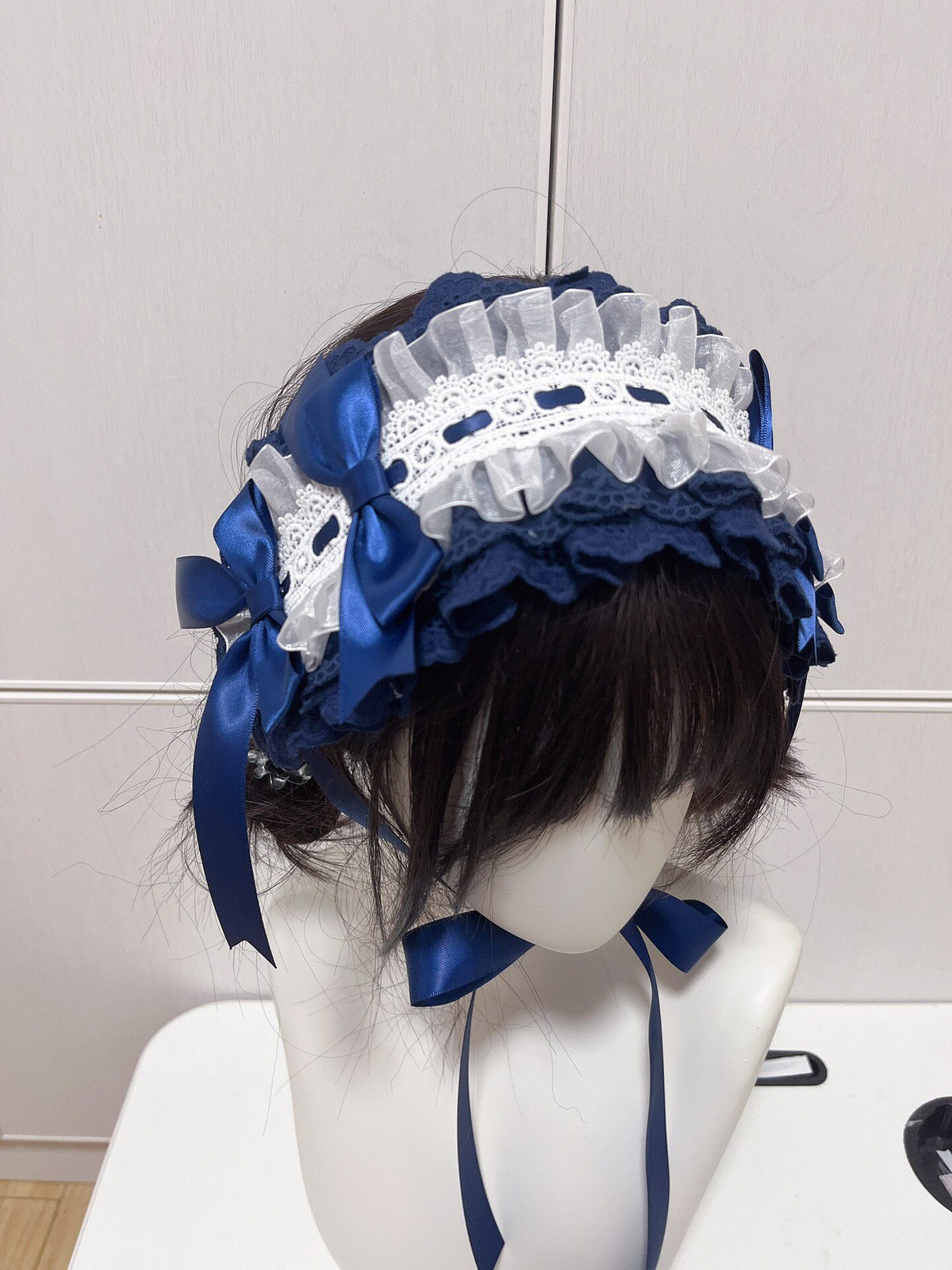Navy Blue Lace Lolita Bonnet Headpiece
