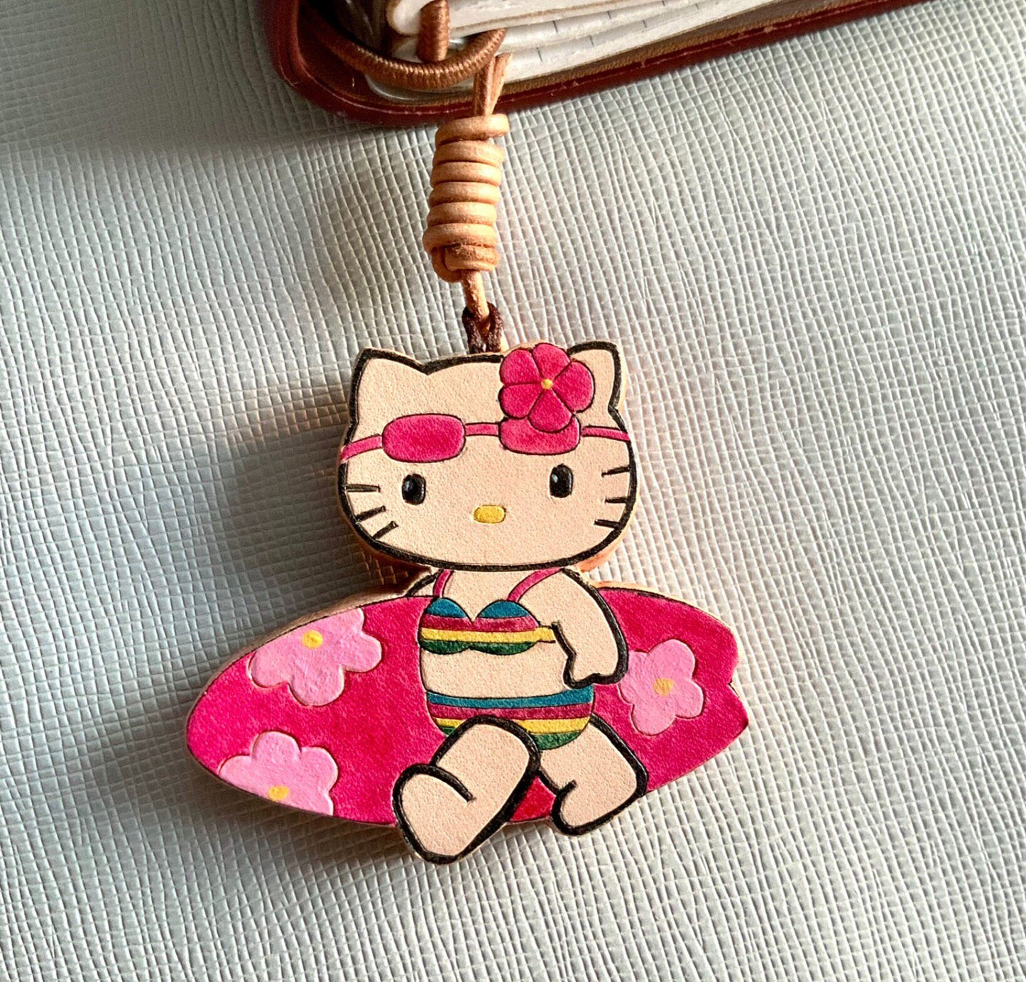 Hand-Carved Italian Leather Hello Kitty Keychain Set