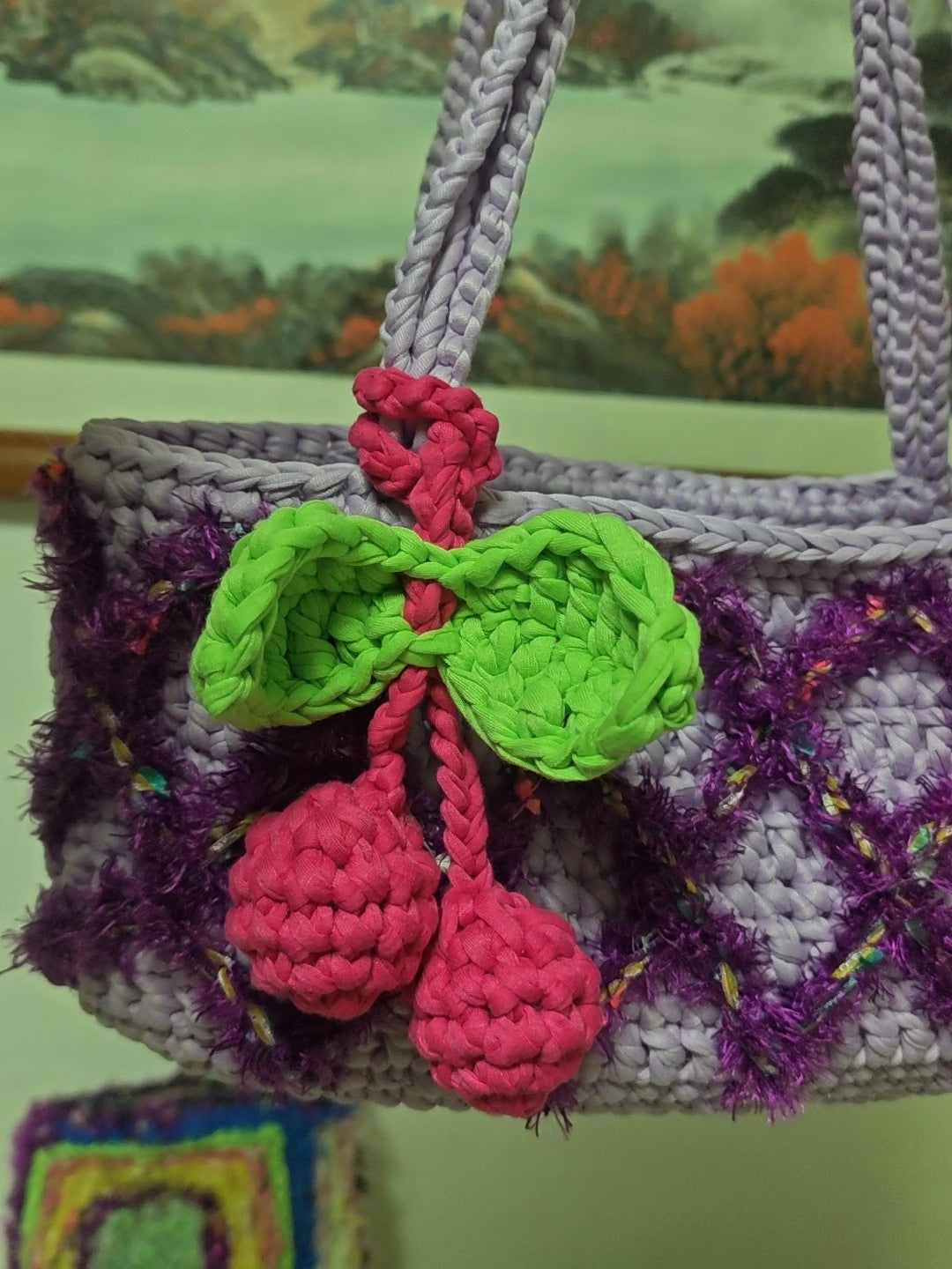 Handgehäkelte Shopper-Tasche mit Rautenmuster Lavendel