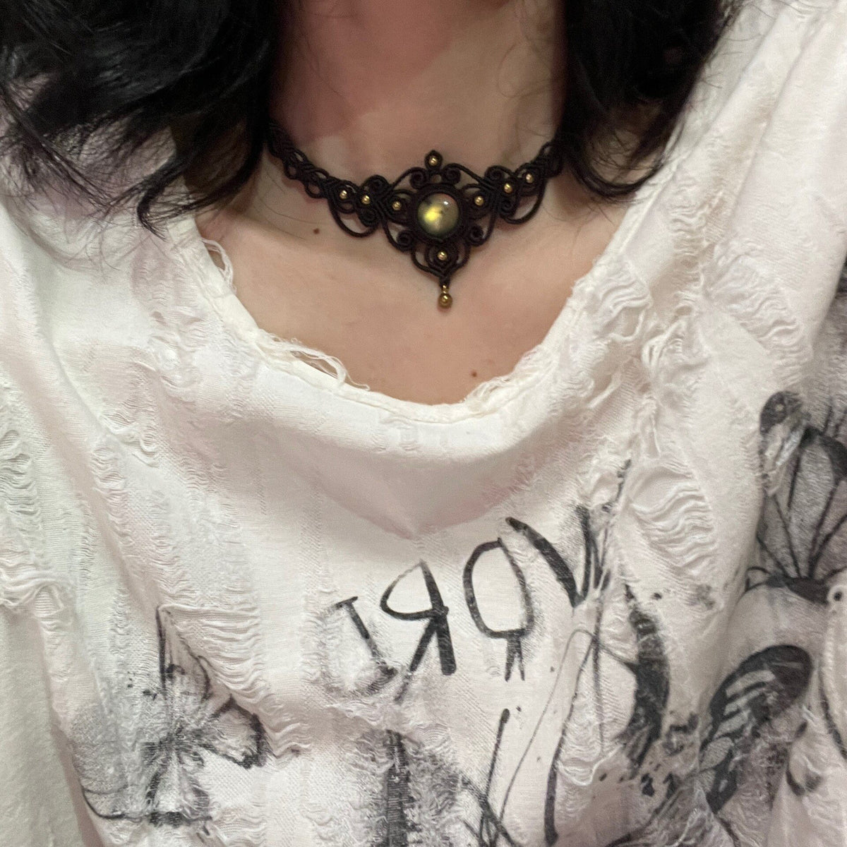 Macrame Waxed Cord Necklace with Labradorite