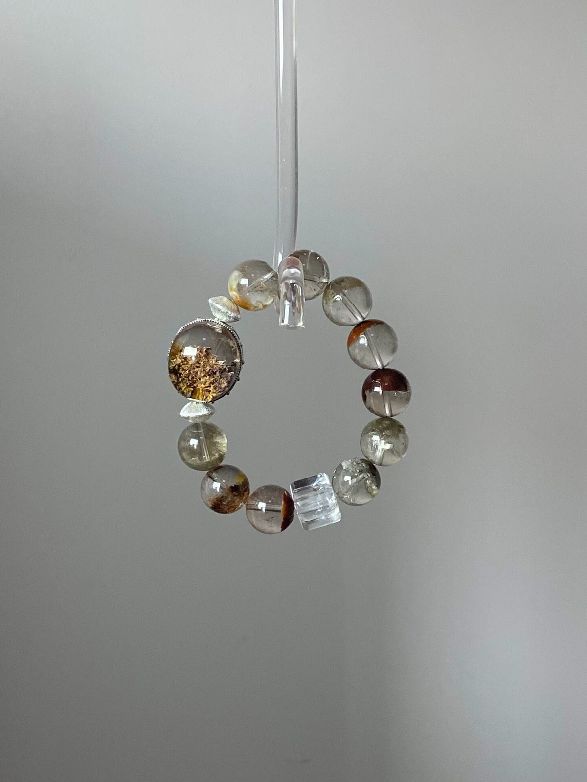 Phantom Quartz Beaded Bracelet with Silver Charm