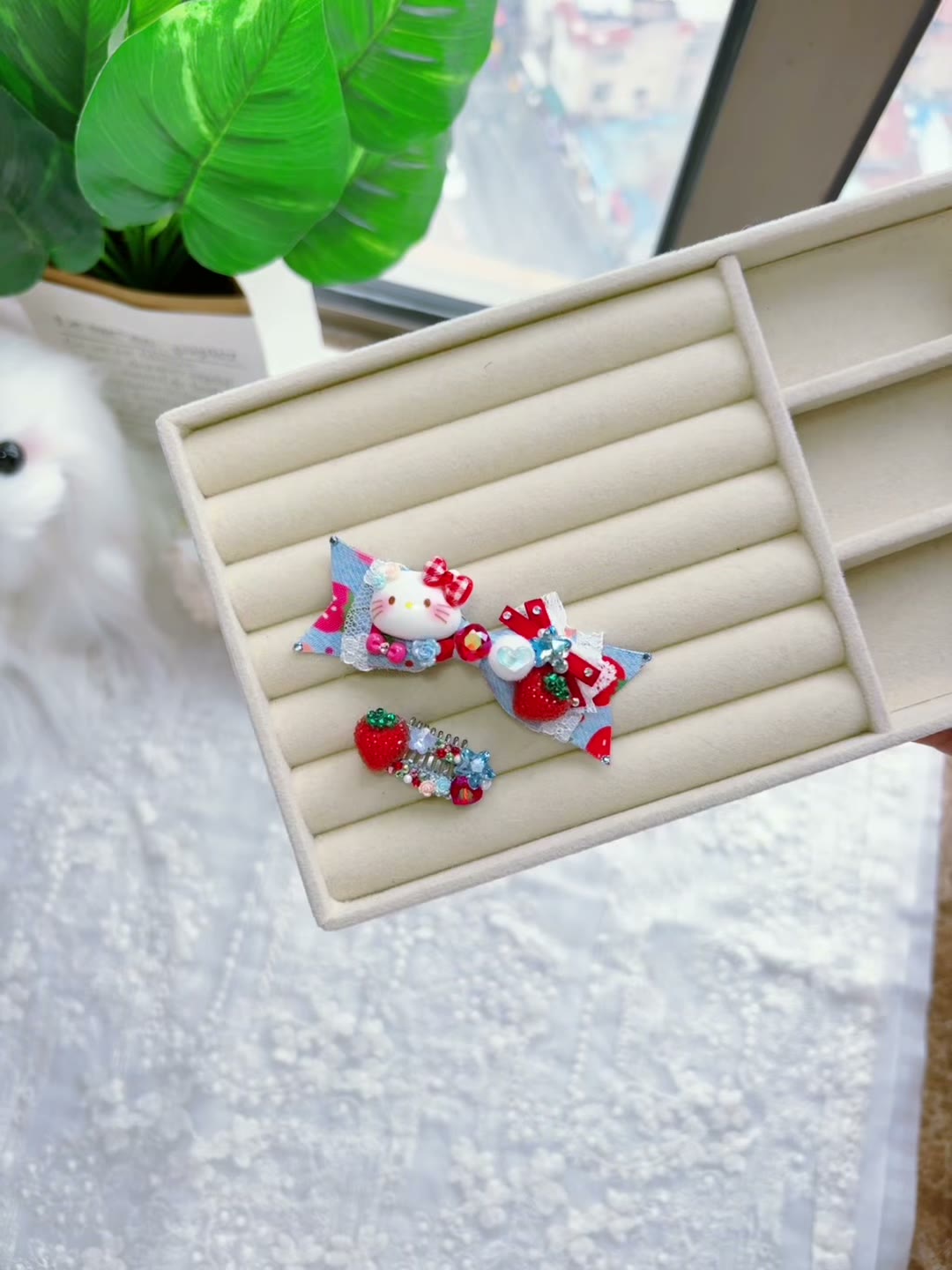 Strawberry Denim Cat Bow Pet Hair Clip Set