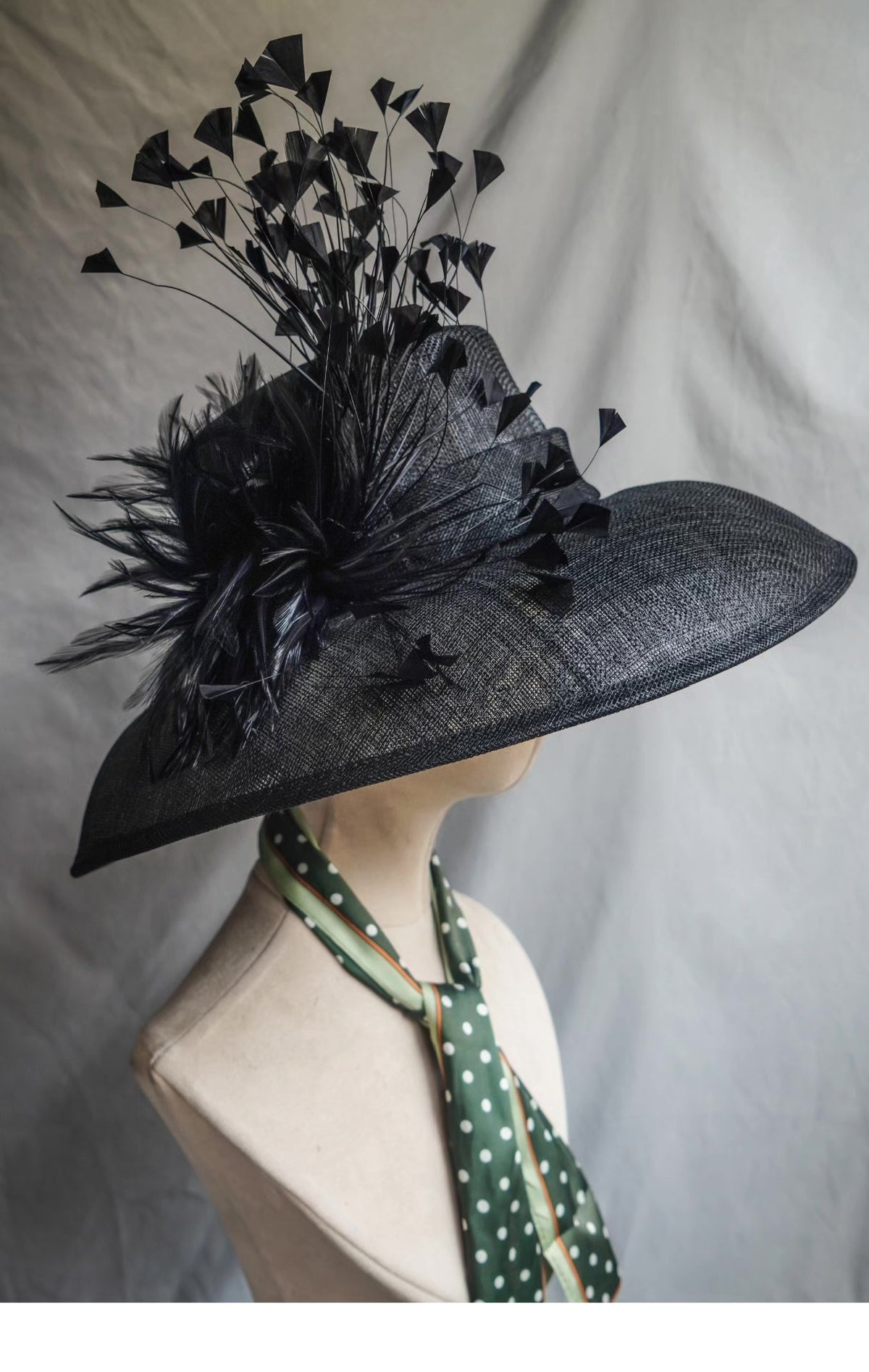 Black Linen Hepburn Sun Hat with Feather Trim