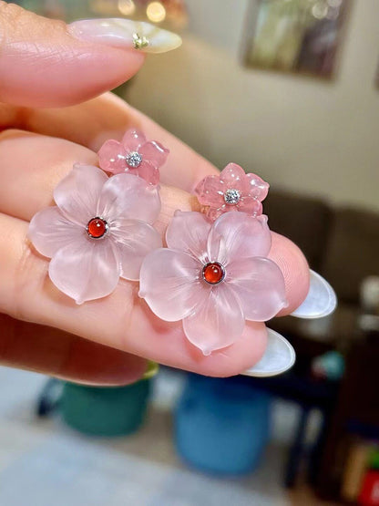 18K Gold Floral Stud Earrings with Pink Stone and Diamond Center