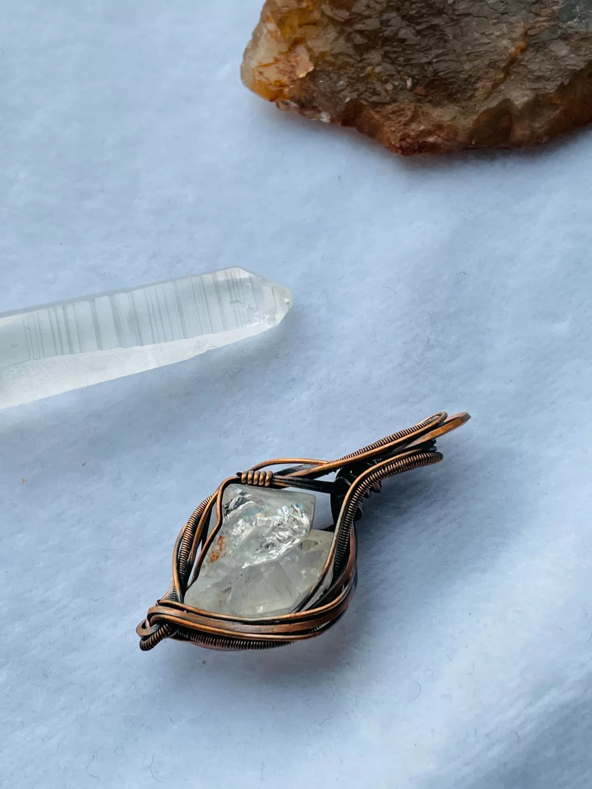 Double Terminated Raw White Quartz Copper Pendant