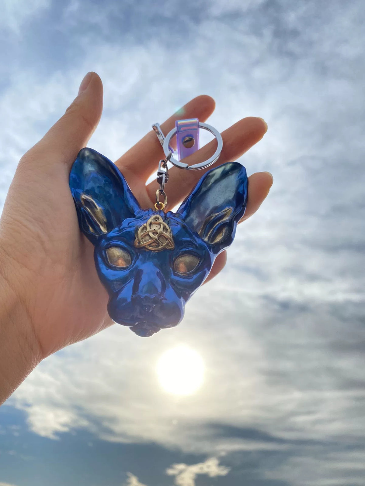 Chaveiro Cabeça de Gato Sphynx em Resina Azul