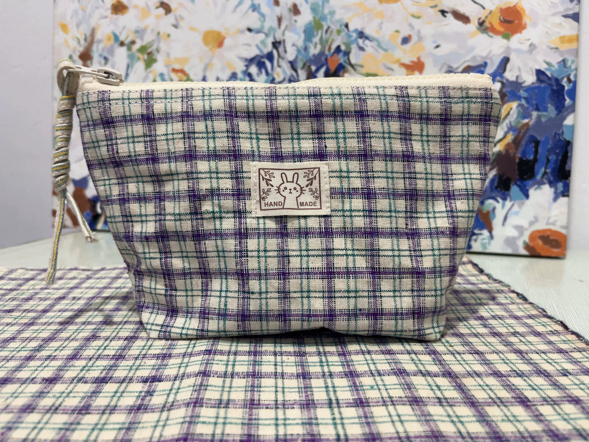 Handmade Purple Plaid Cotton Zippered Pouch