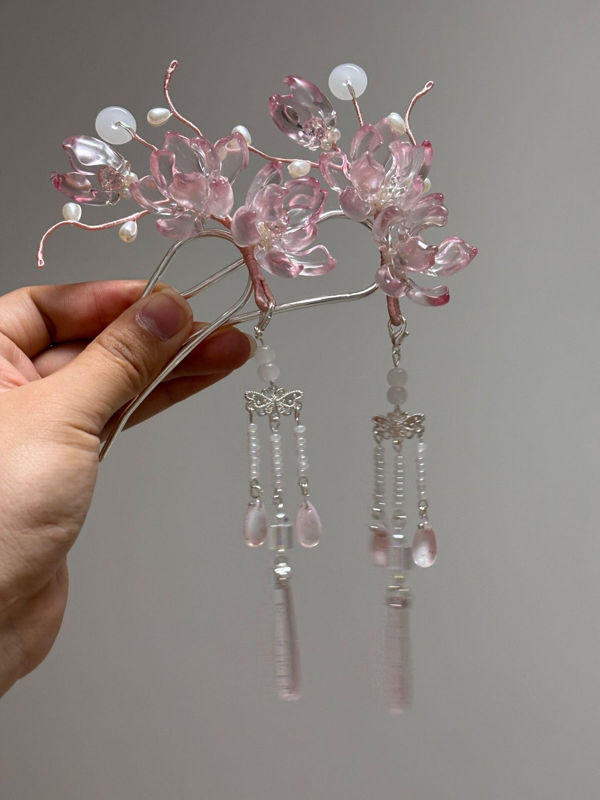 Liuli Glass Flower Hairpin with Tassels