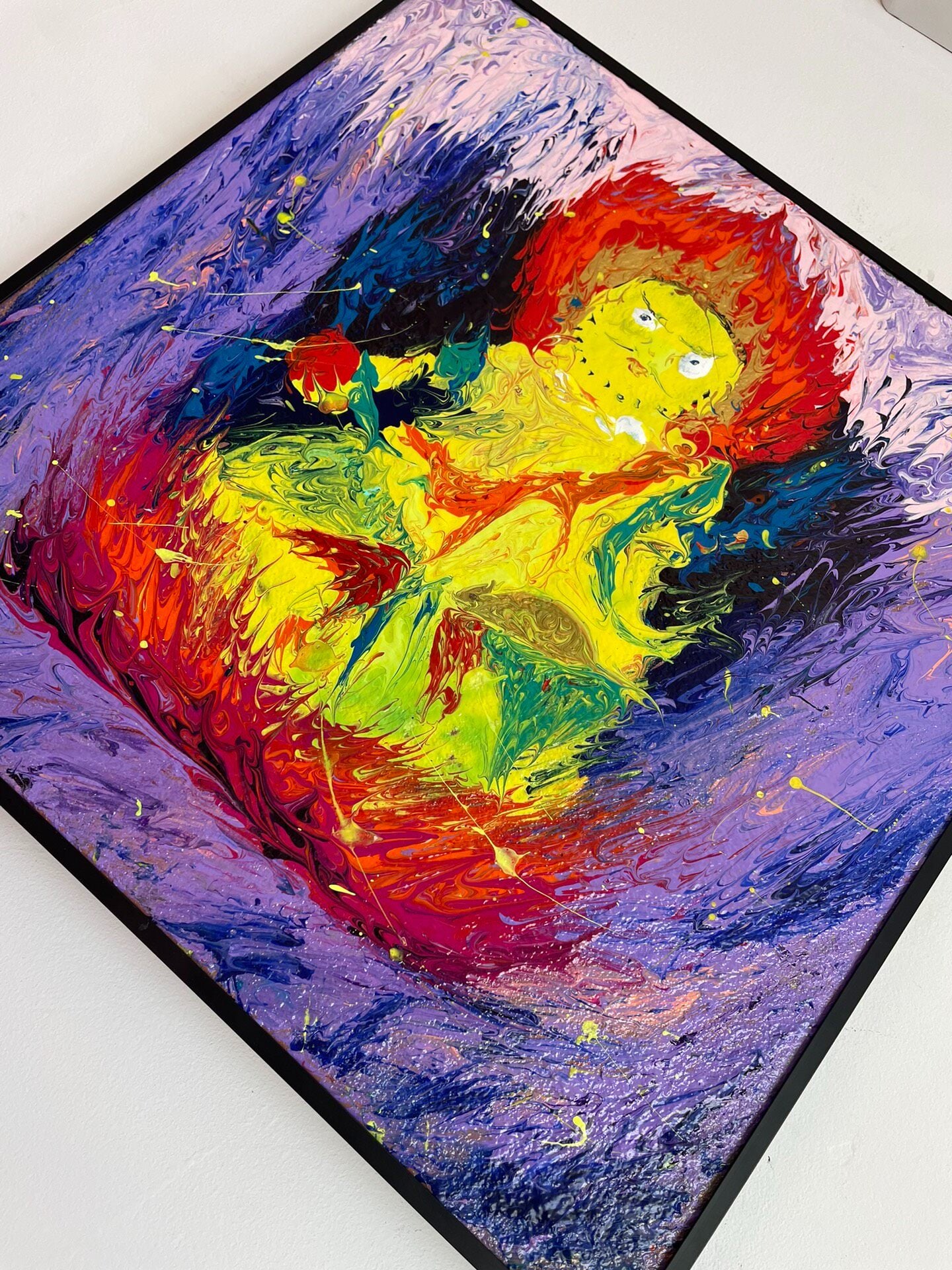 Yellow Jambhala Acrylic Painting, 40x40cm Canvas, Black Frame