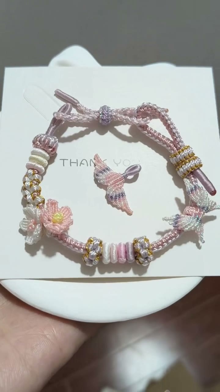 Handwoven Pink Flower Bracelet