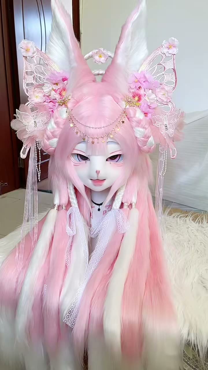 Pink White Fox Ear Headpiece with Wig
