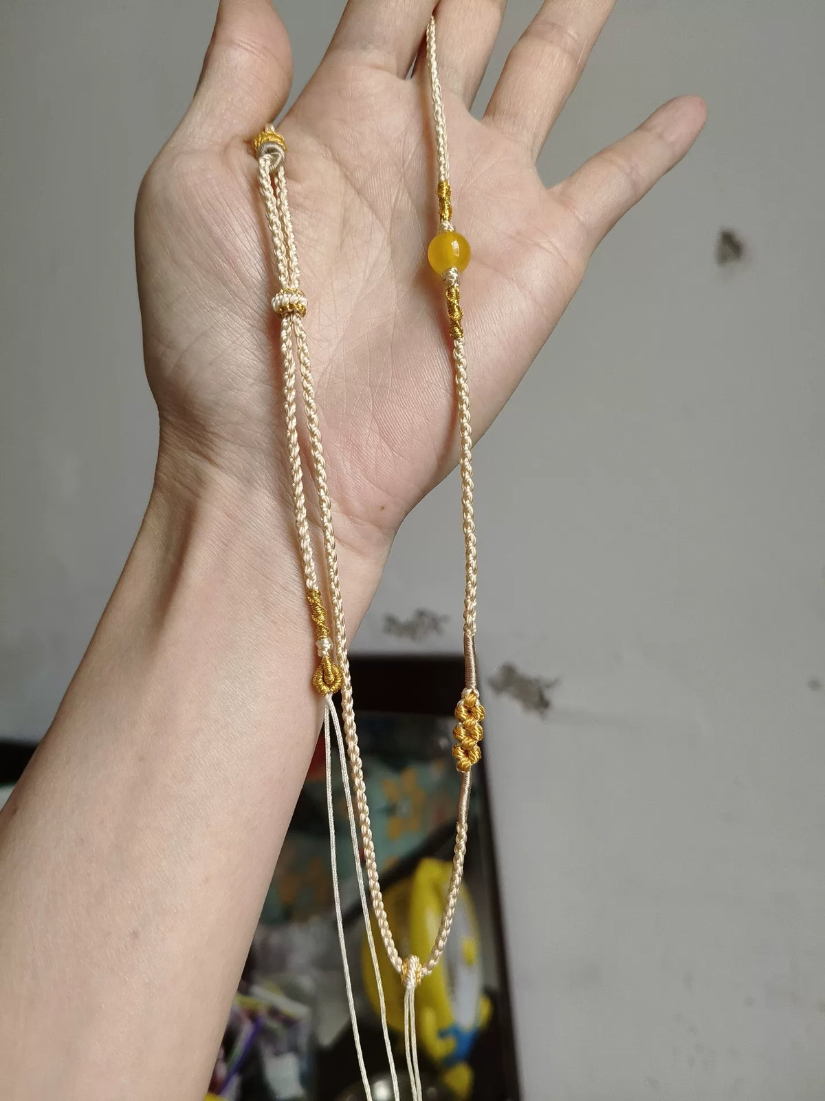 Hand Braided Ivory Necklace Cord Gold Bead
