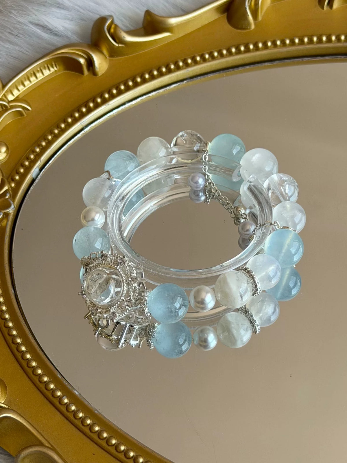 Pulseira de Cristal de Águasina, Pedra da Lua e Pérola de Concha