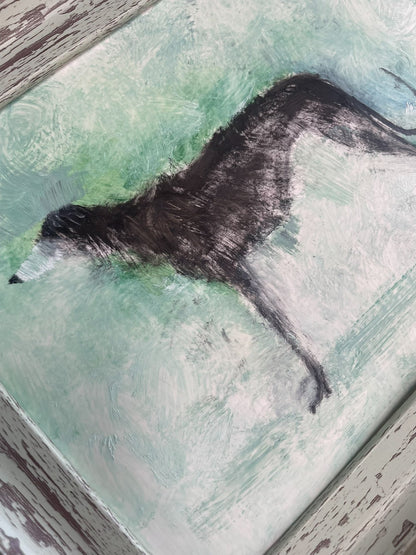 Hand-Painted Oil Artwork of a Slender Sighthound in Rustic Frame
