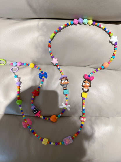 Colorful Beaded Phone Strap with Character Figures and Carabiner Clips