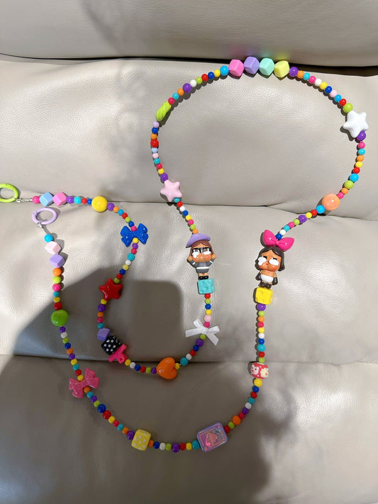 Colorful Beaded Phone Strap with Character Figures and Carabiner Clips