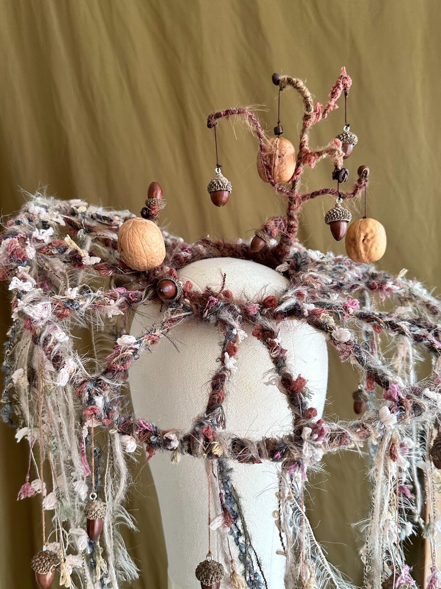 Handcrafted Walnut and Acorn Veil Headpiece