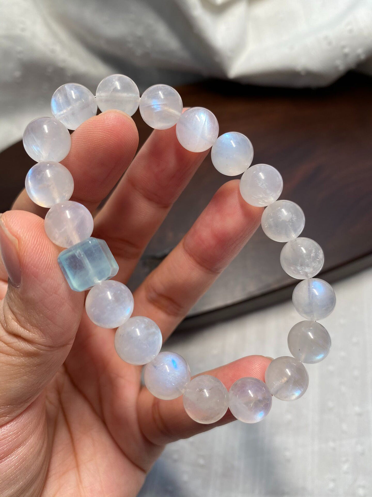 Blue Moonstone Bracelet with Aquamarine Cube