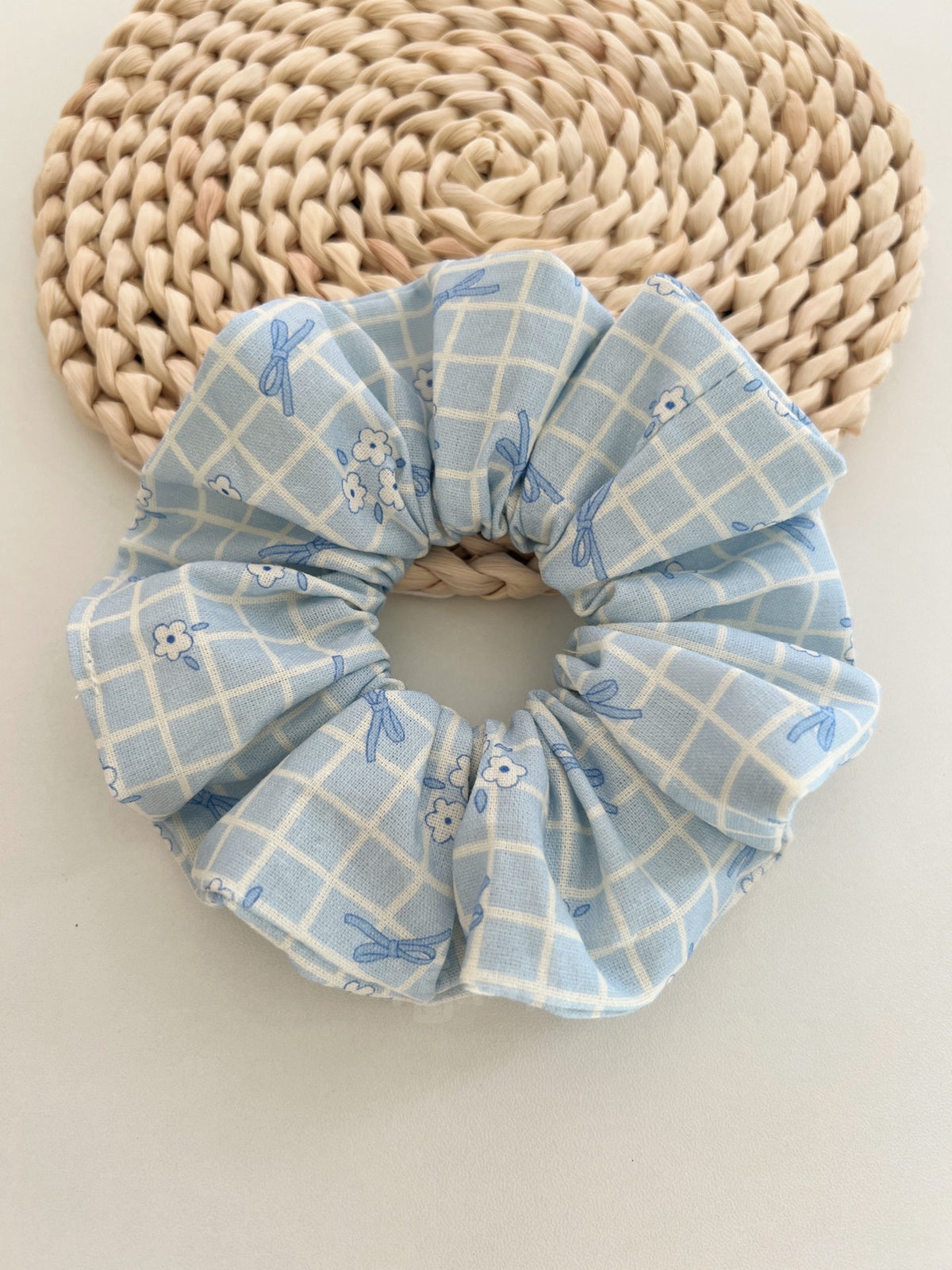 Blue Gingham Bow Print Fabric Scrunchie