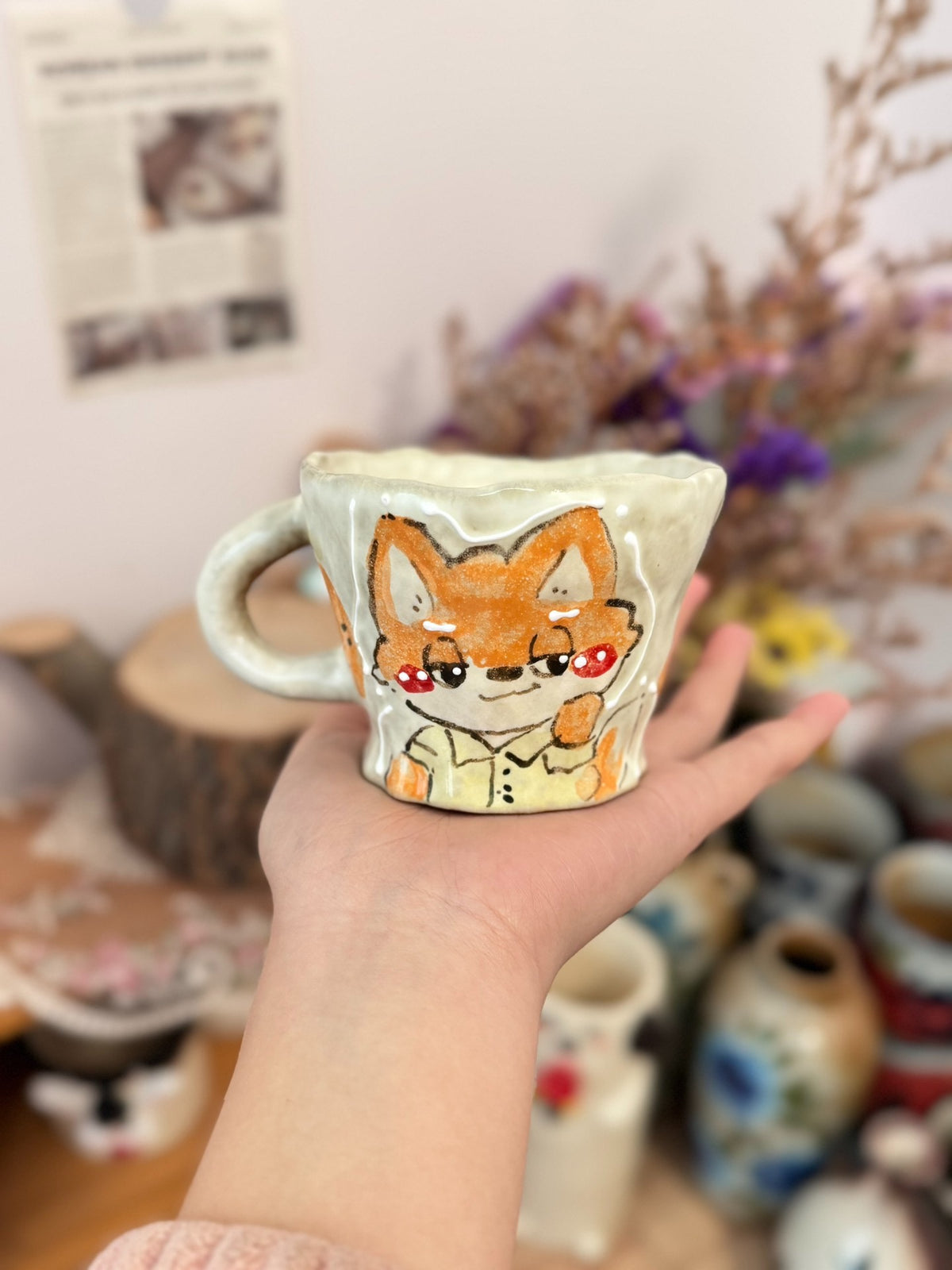 手描きキツネの粗陶コーヒーマグカップ