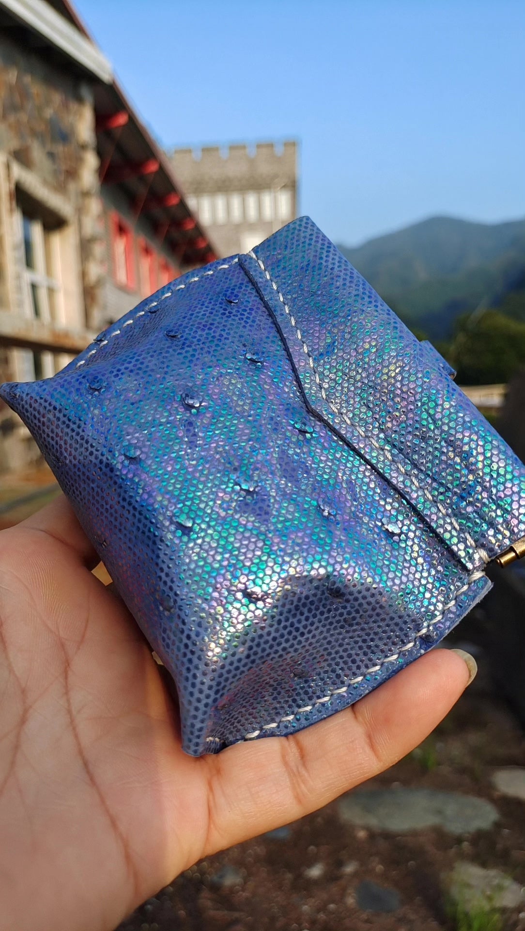 Pochethette pour noix en cuir d'autruche bleu iridescent