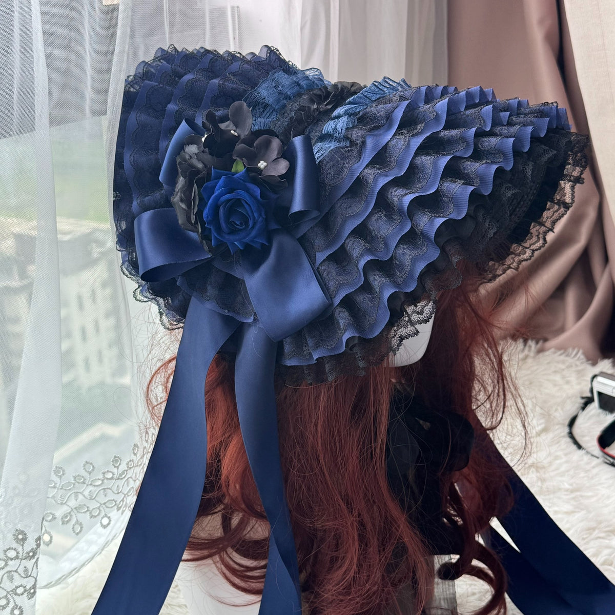 Handcrafted Lolita Hat Black Blue Pearl Tassel