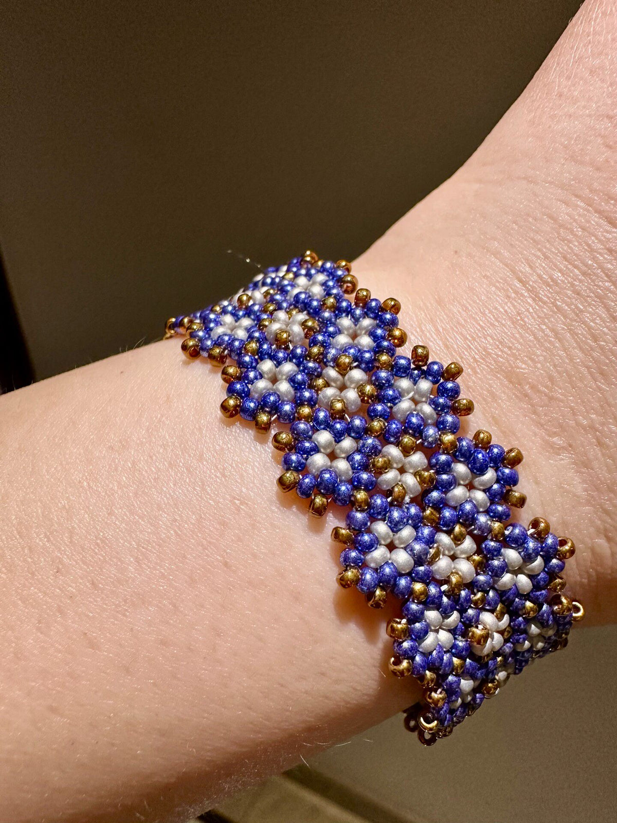 Seed Bead Woven Bracelet Navy Pearl Bronze