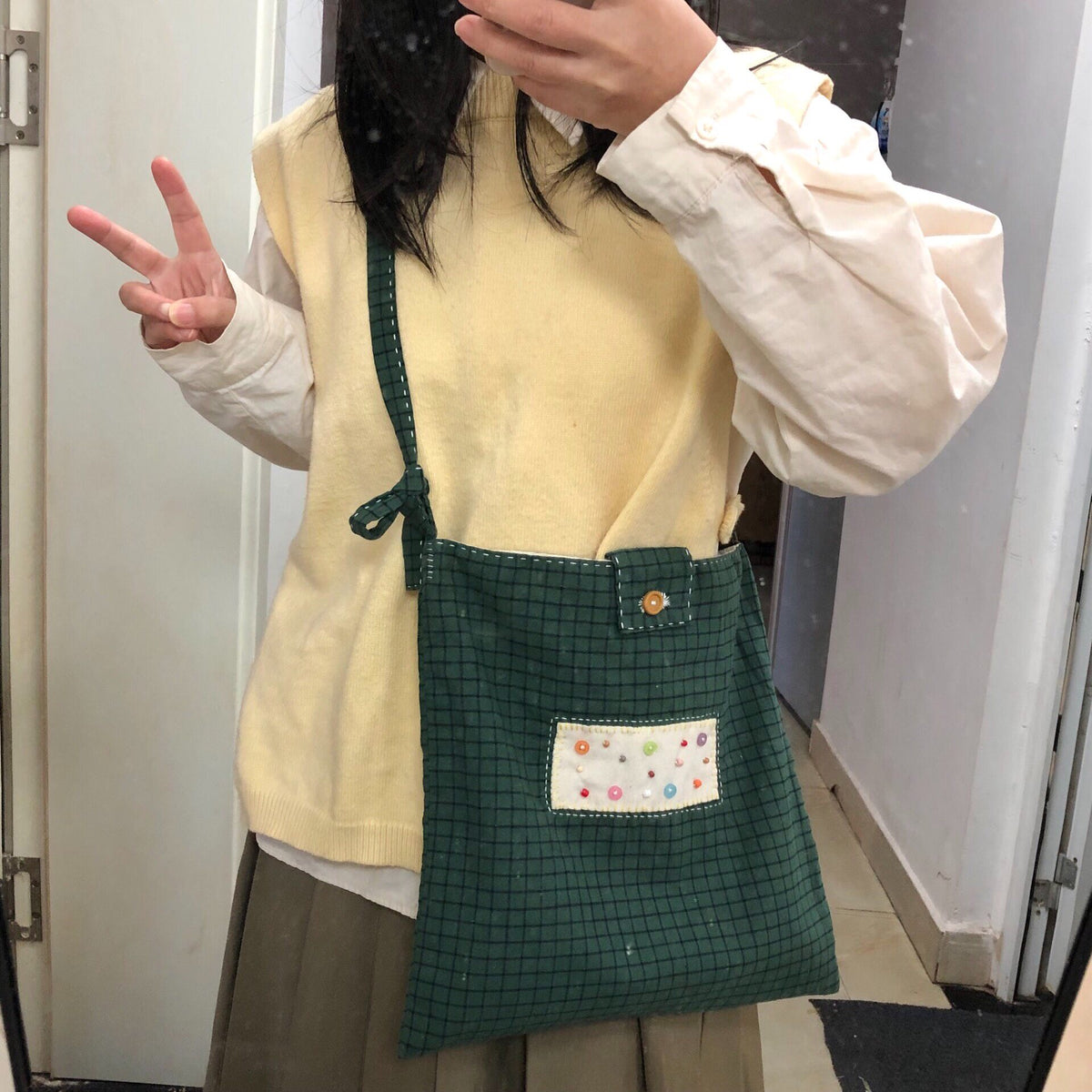 Handmade Adjustable Dark Green Checkered Canvas Bag