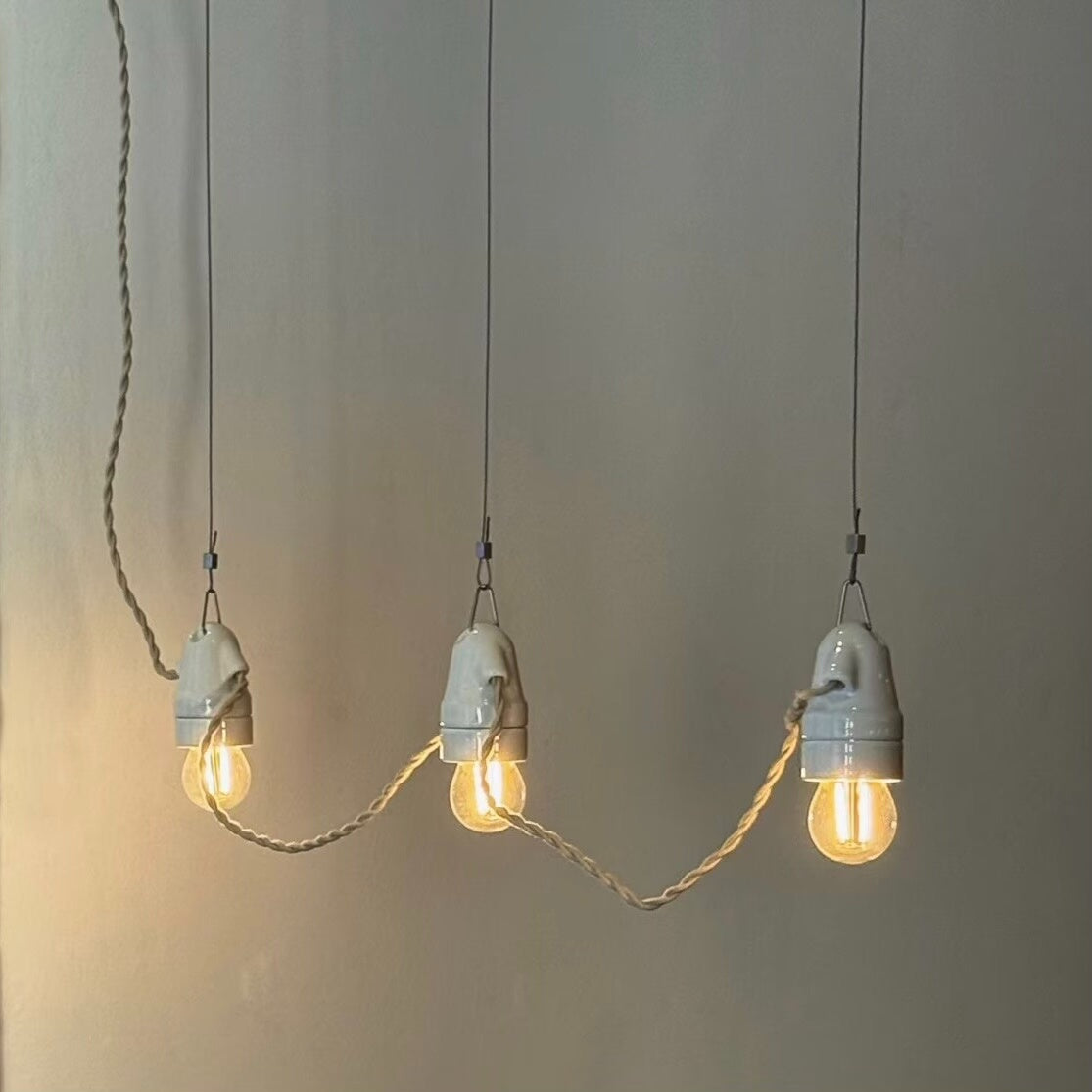 Vintage Ceramic Pendant Light String Three Warm Bulbs