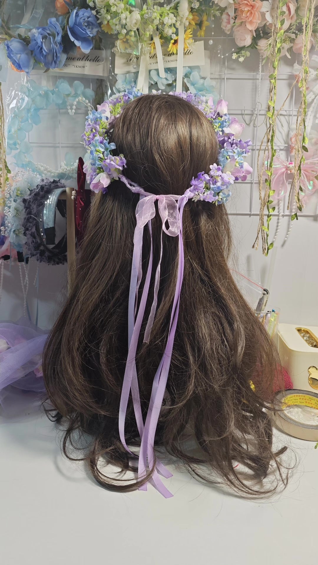 Purple Bellflower Floral Wreath with Tulle Veil