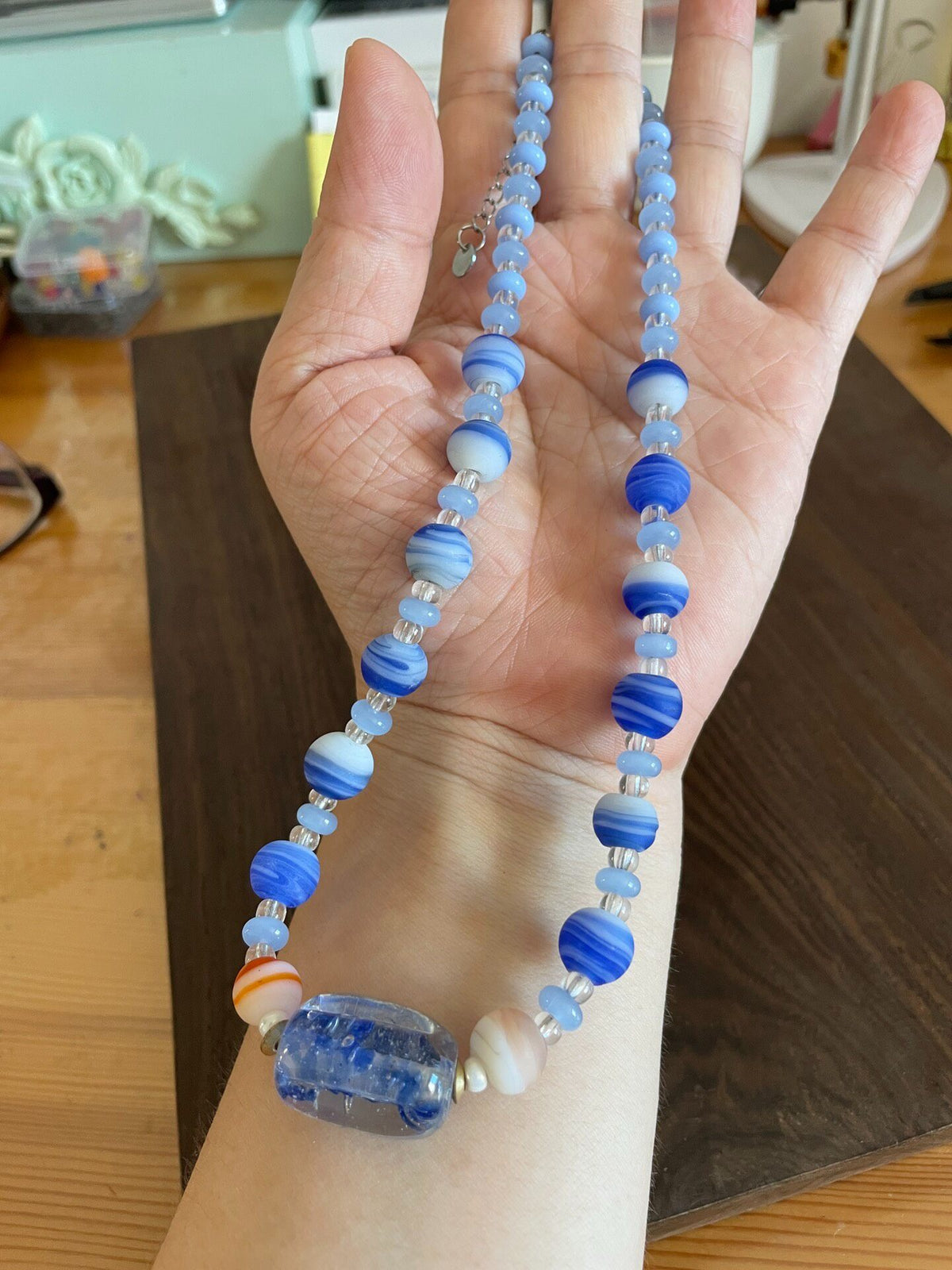 Blue Glass Beaded Necklace with Crystal Accents