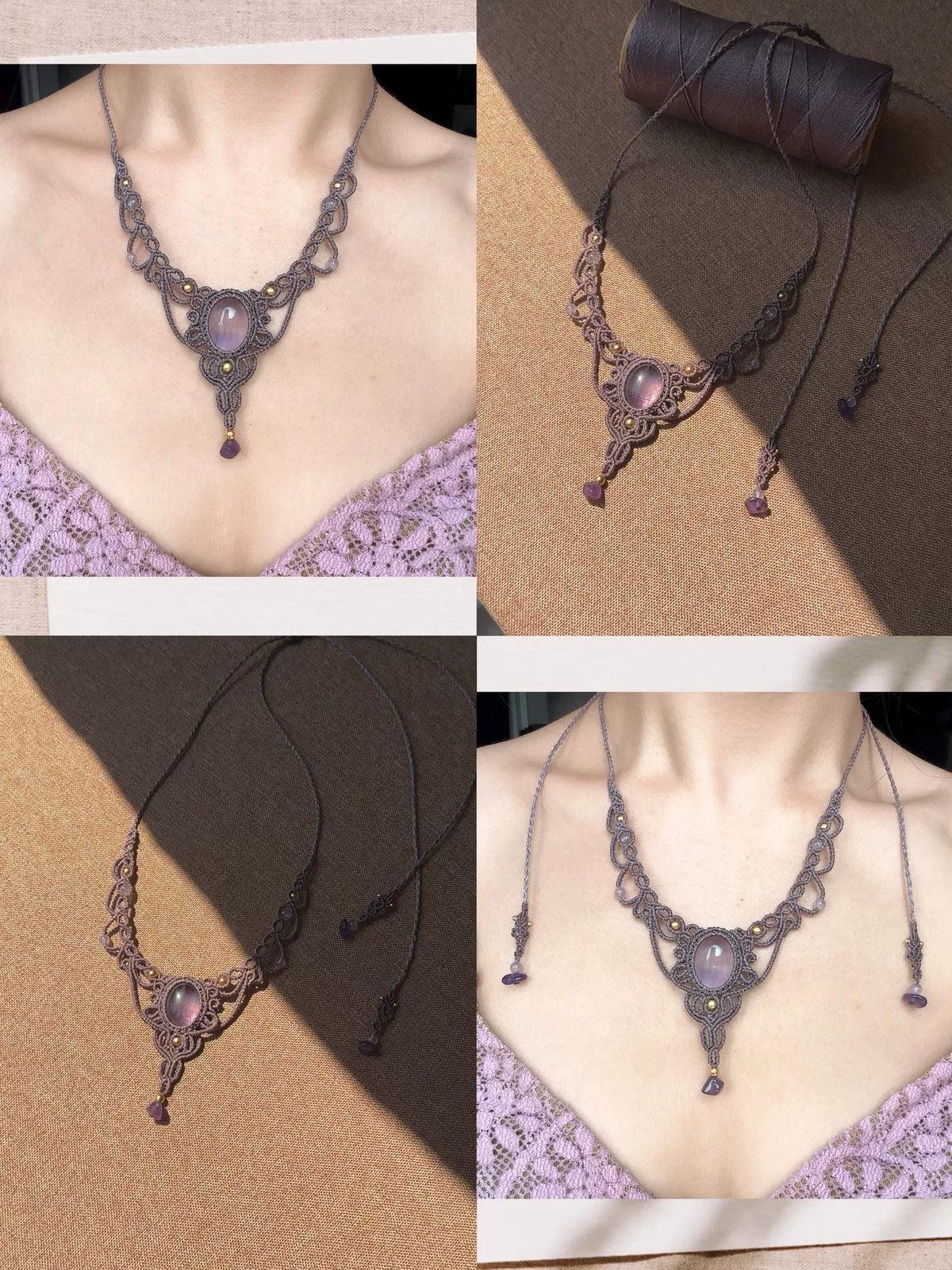 Handgeknoopt macrameketting met grote steen