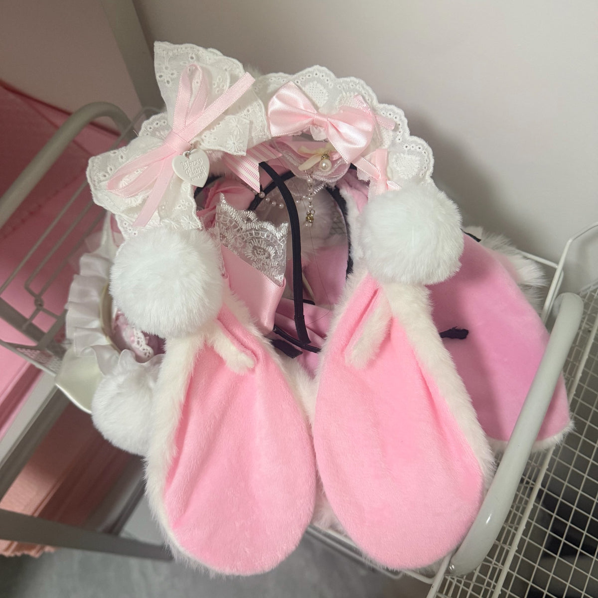 Pink Plush Bunny Ear Headband with Lace Bow