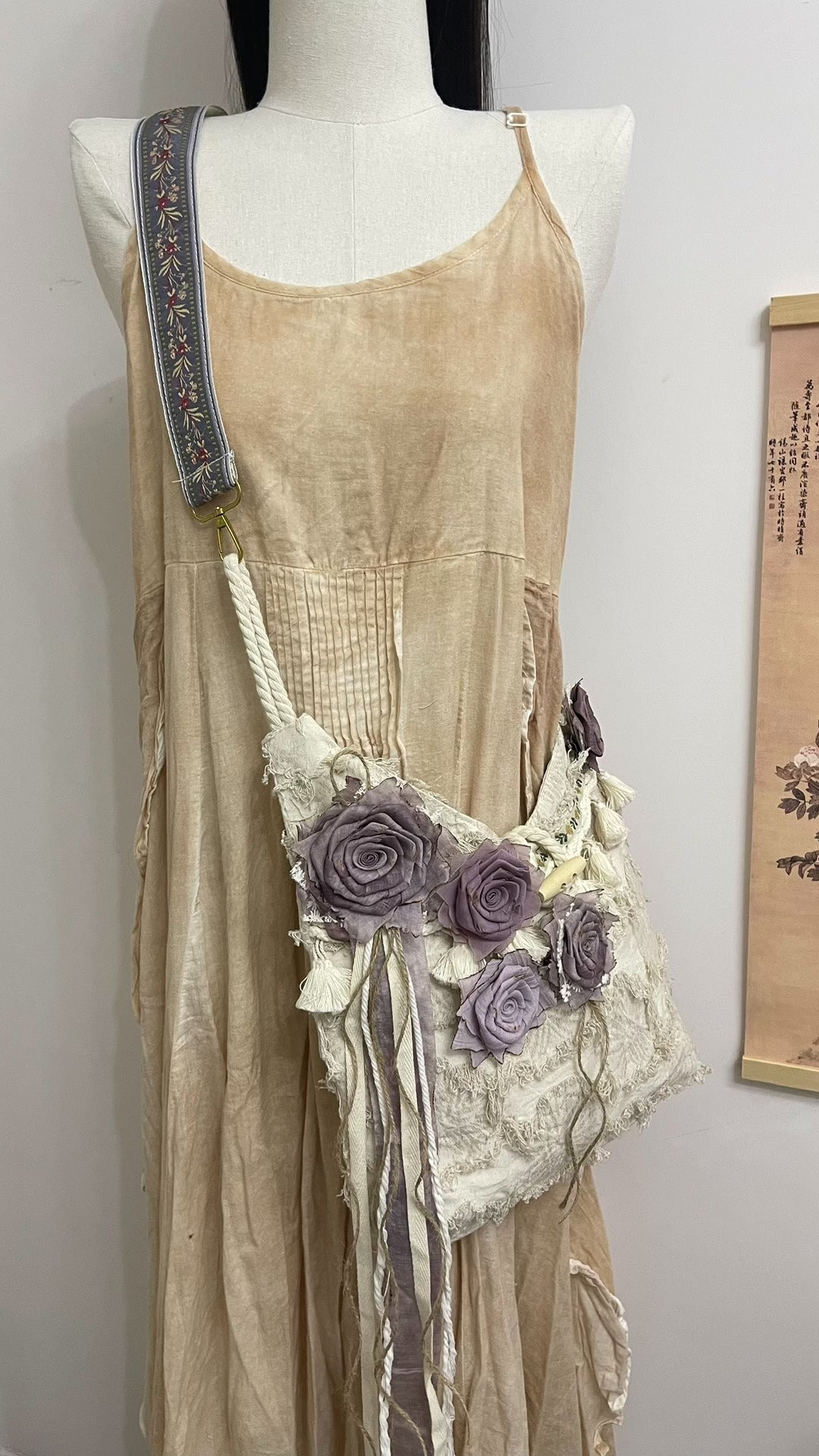 Handwoven Fabric Bag with Purple Roses