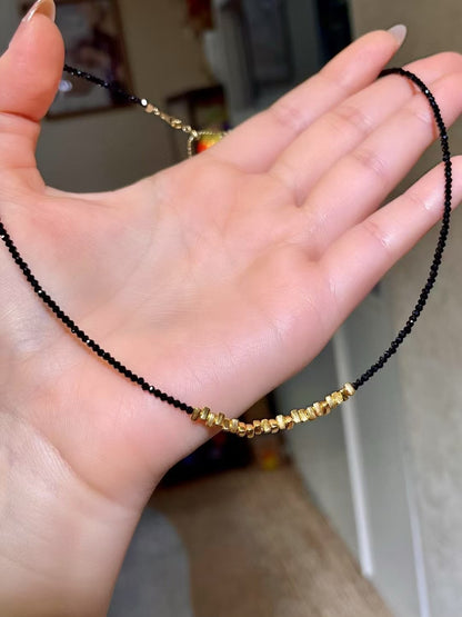Black Gemstone Necklace with Gold Nugget Cluster