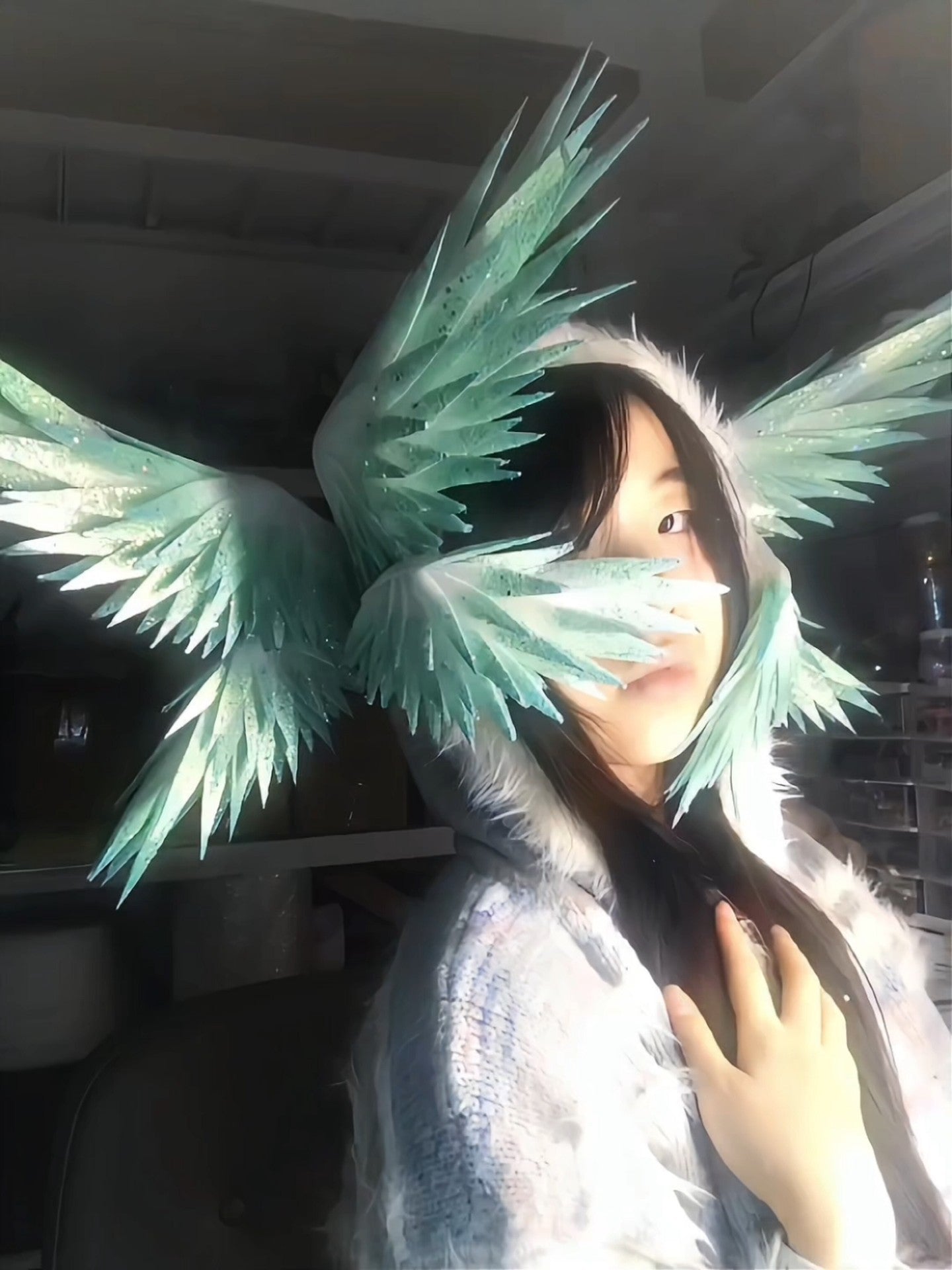Handmade Hatsune Miku Style Translucent Green Wing Headpiece with Pearlescent Finish