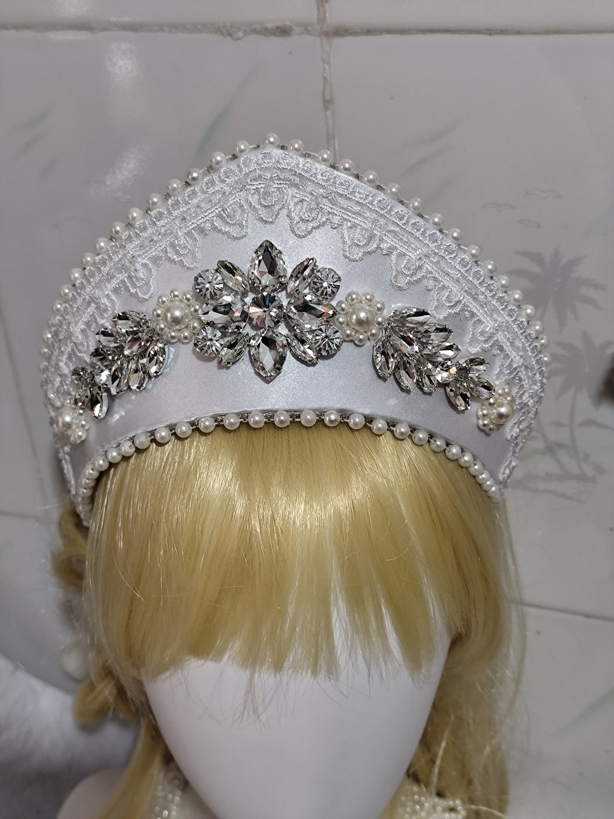 Silver White Lolita Kokoshnik Crown with Rhinestones