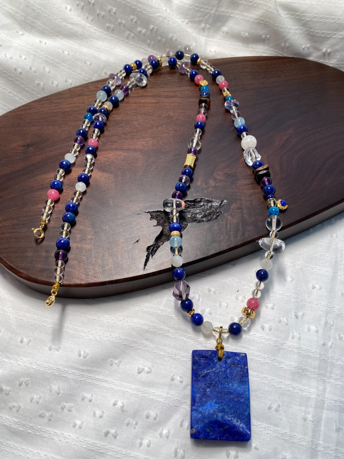 Long Multi Gemstone Necklace With Lapis Lazuli Pendant