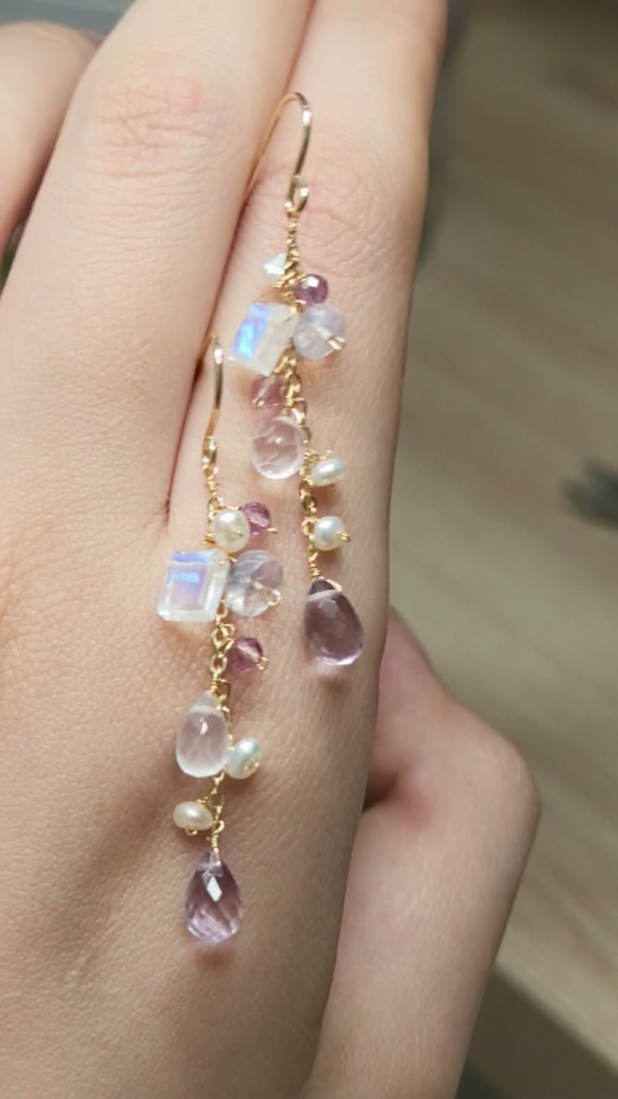ムーンストーンパール ピンクジェムーン ドロップピアス